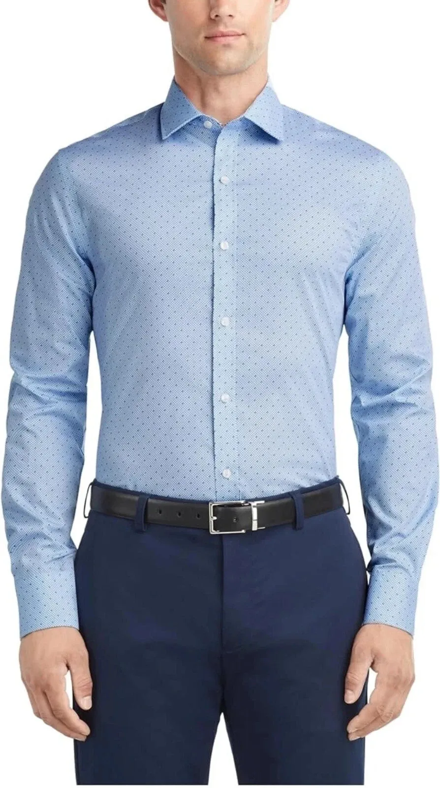 Tommy Hilfiger TH Flex Dress Shirt Men  Blue Polka Dot Collared MAC135 Urban Edge Smooth Seam Finish