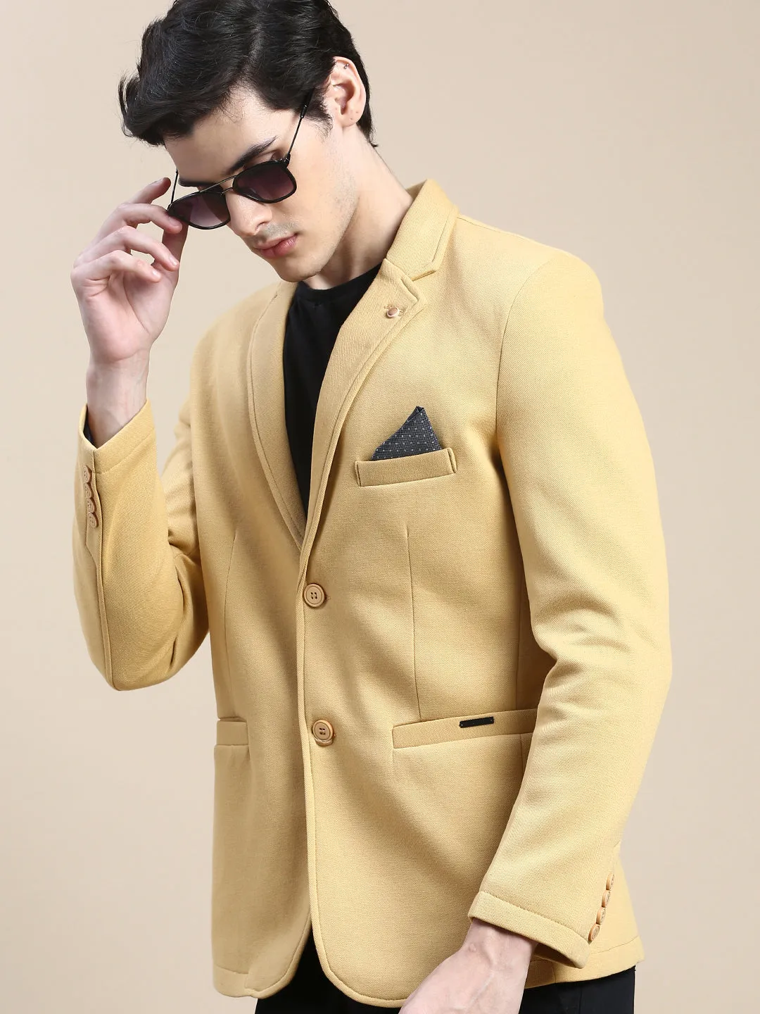 Men's Mustard Slim-Fit Single Breasted Blazer Two Way Zipper Reinforced Elbow Patches