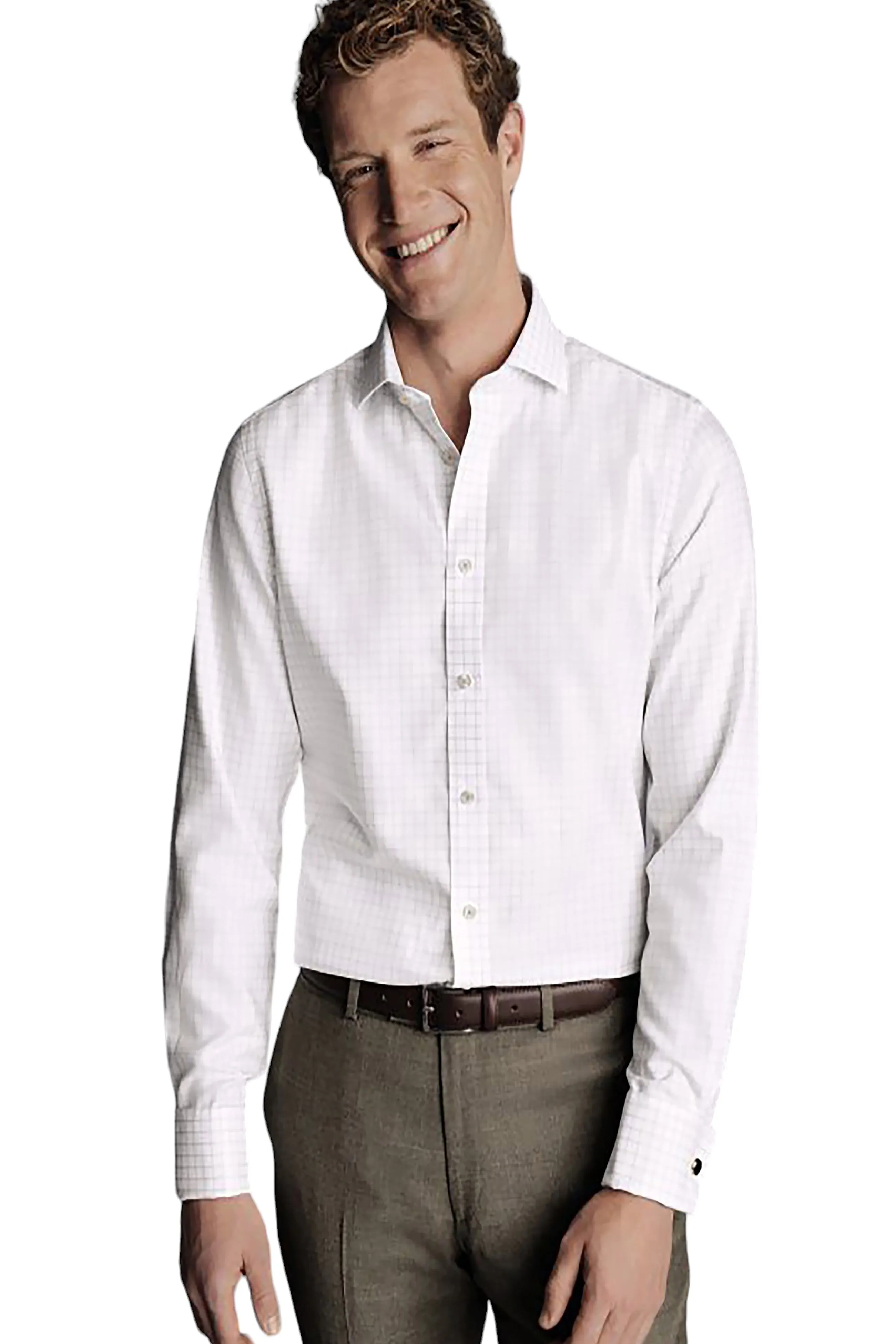 Plus Size Fit Work Appropriate Charles Tyrwhitt Men's Non-Iron Clifton Weave Check Cutaway Slim Fit Shirt Double Cuff