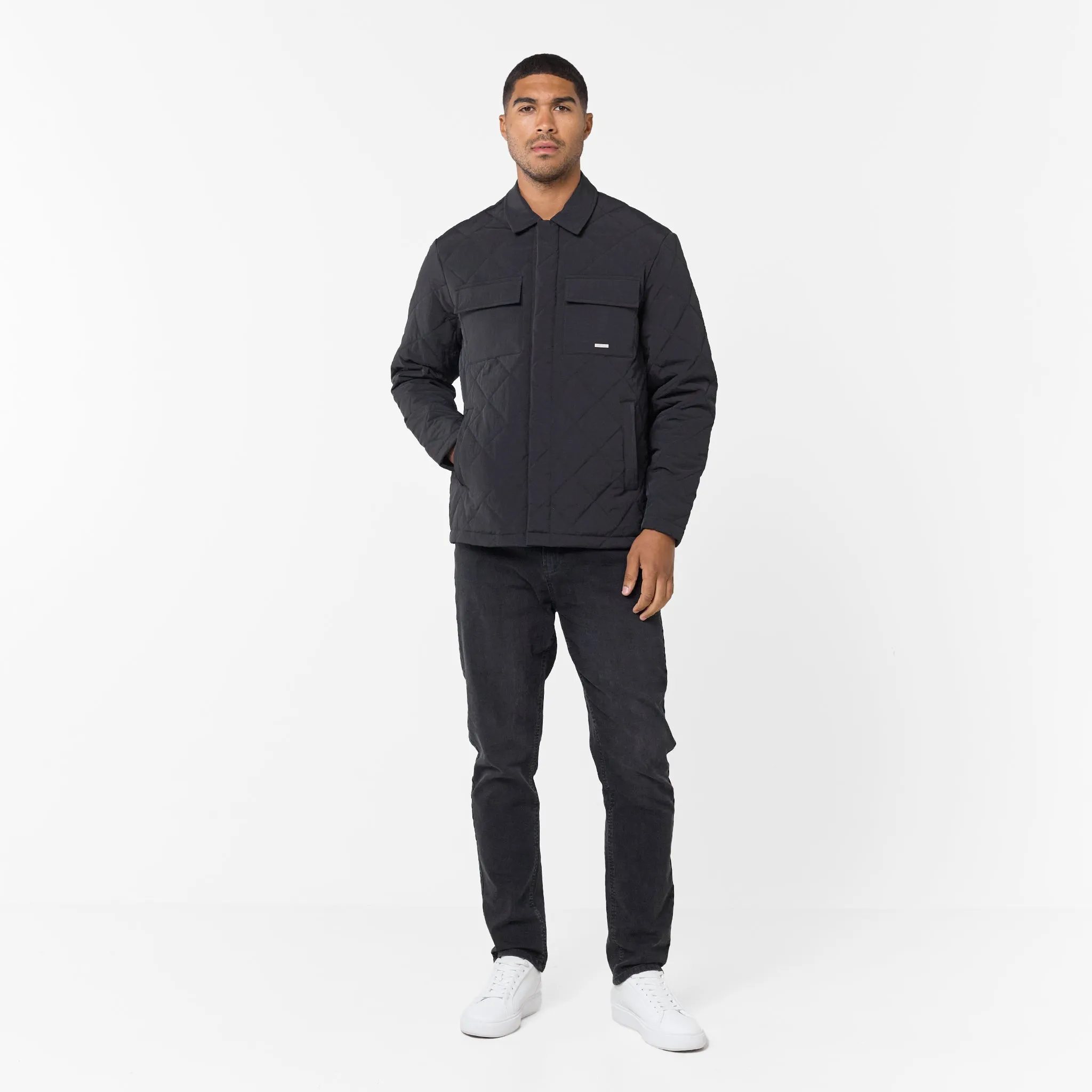 Quilted Overshirt Jacket | Black Bonded Collars Reinforced Elbow Padding