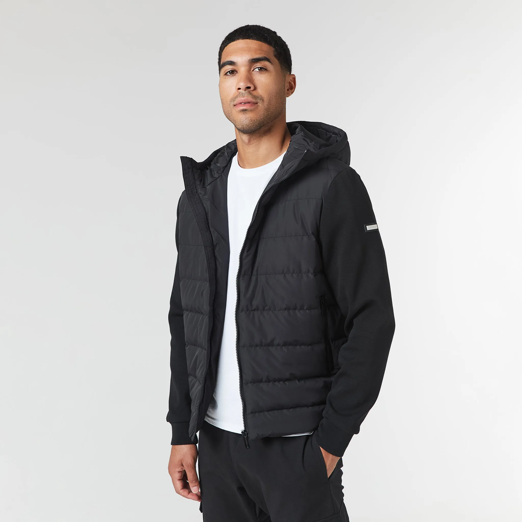 Versatile Layering Weight Long Sleeve Hooded Hybrid Jacket | Black