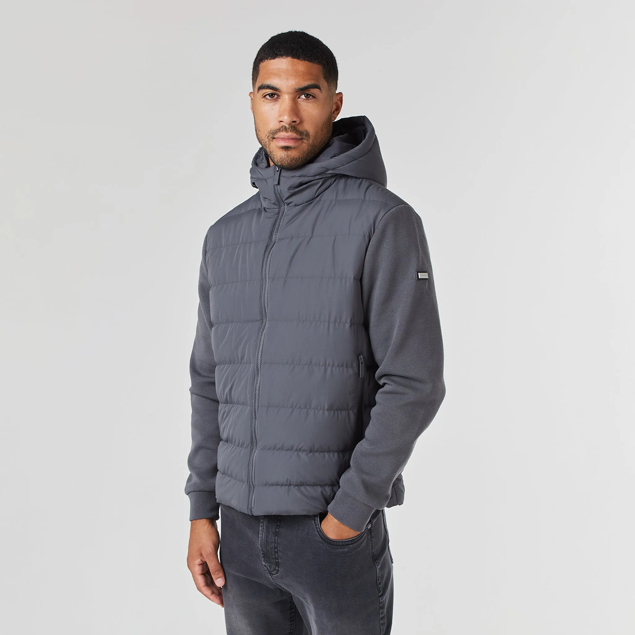 Hooded Hybrid Jacket | Charcoal Windproof Closure Smart Casual