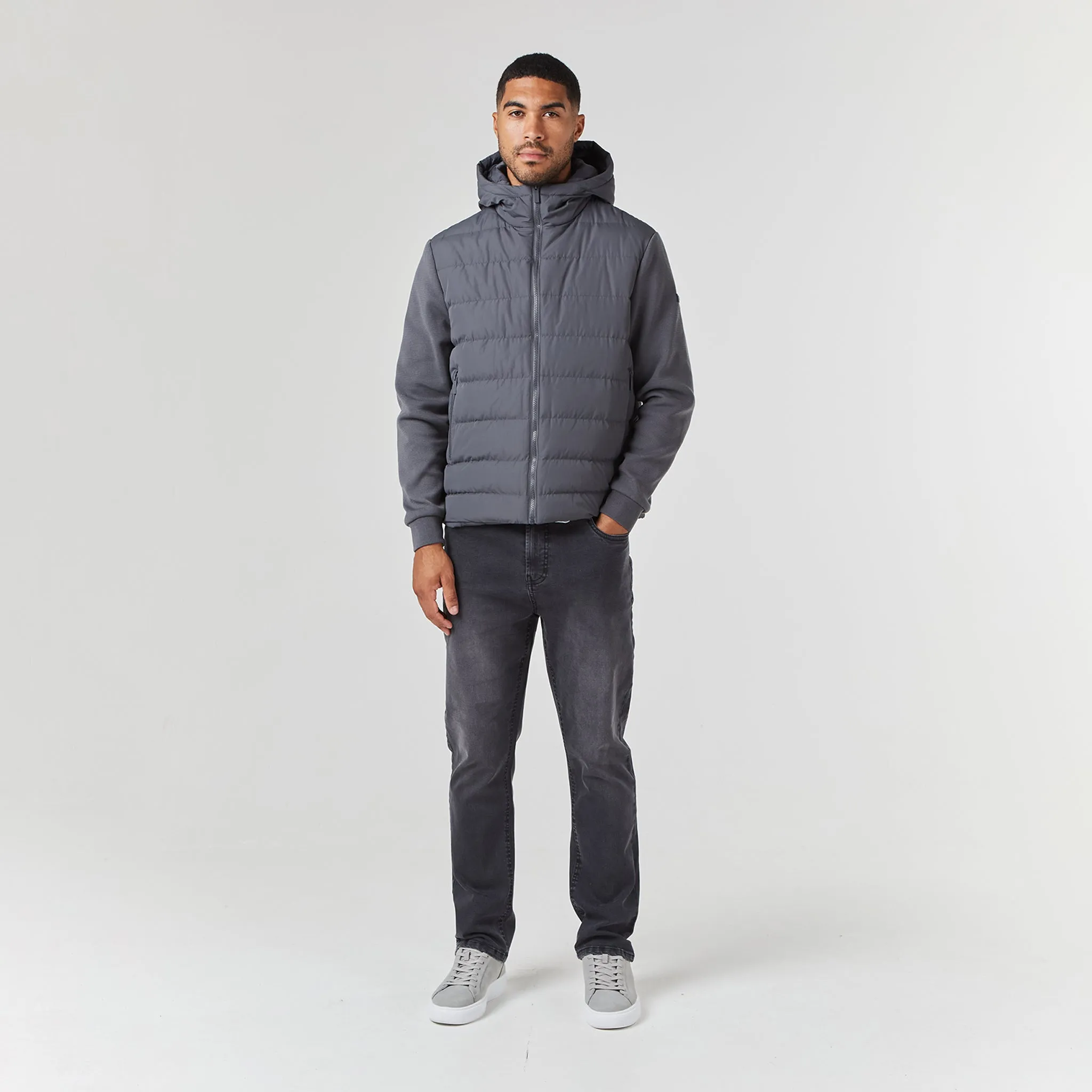 Layered Hem Design Noise Reduced Fabrics Hooded Hybrid Jacket | Charcoal