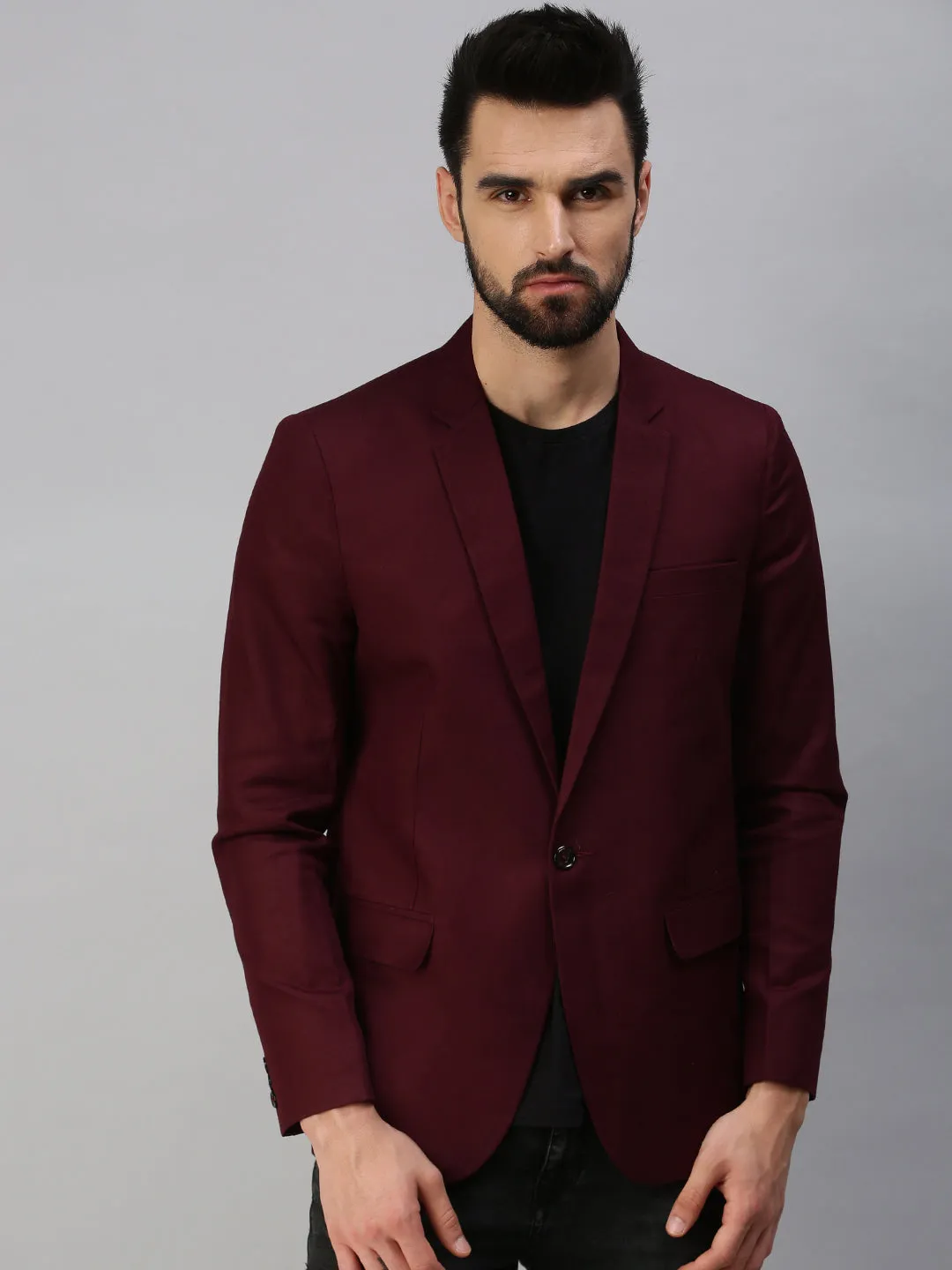 Men's Maroon Solid Single Breasted Party Blazers Compact Travel Friendly