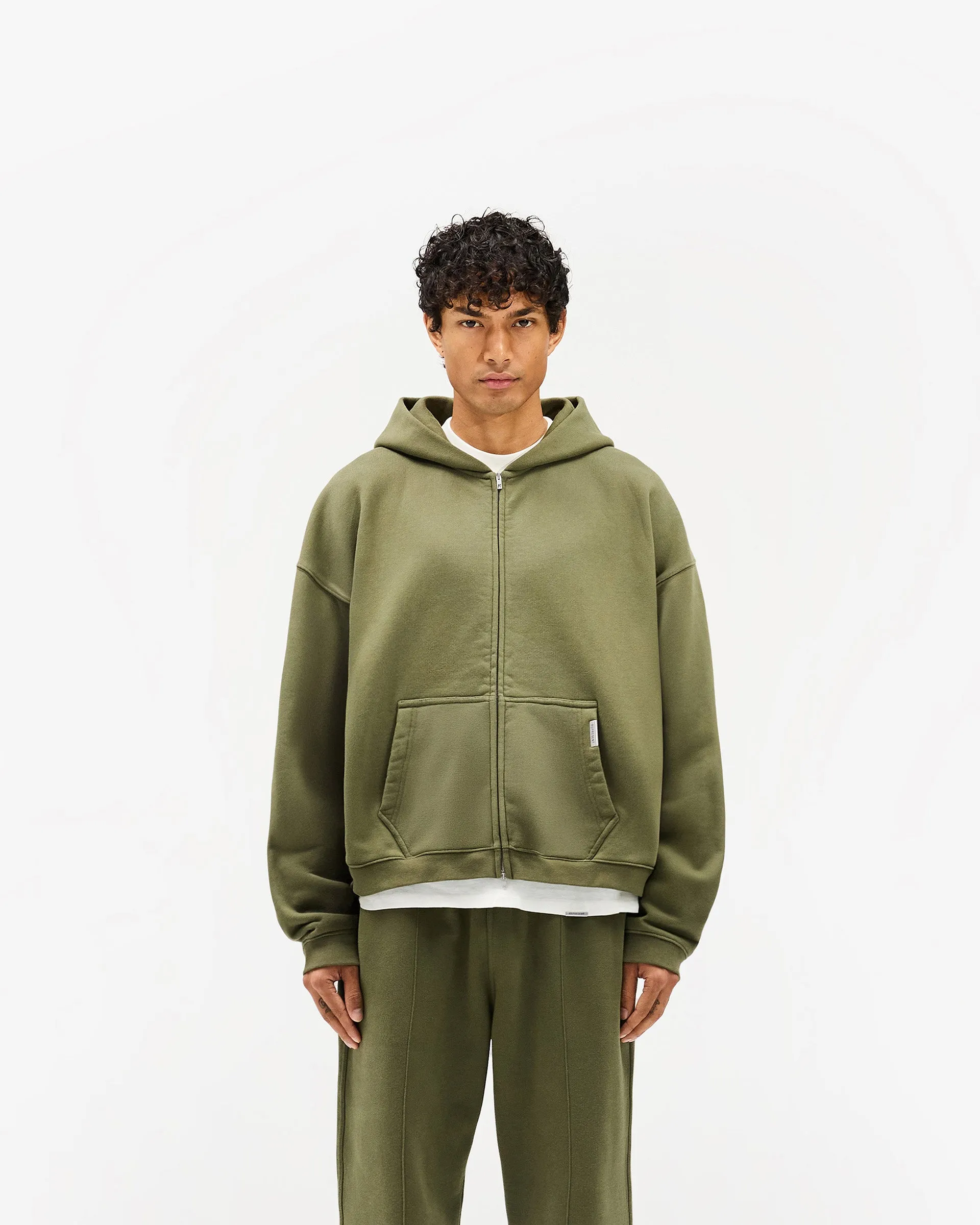 product earthy warmth product retro nostalgia Initial Boxy Zip Through Hoodie - Army Green