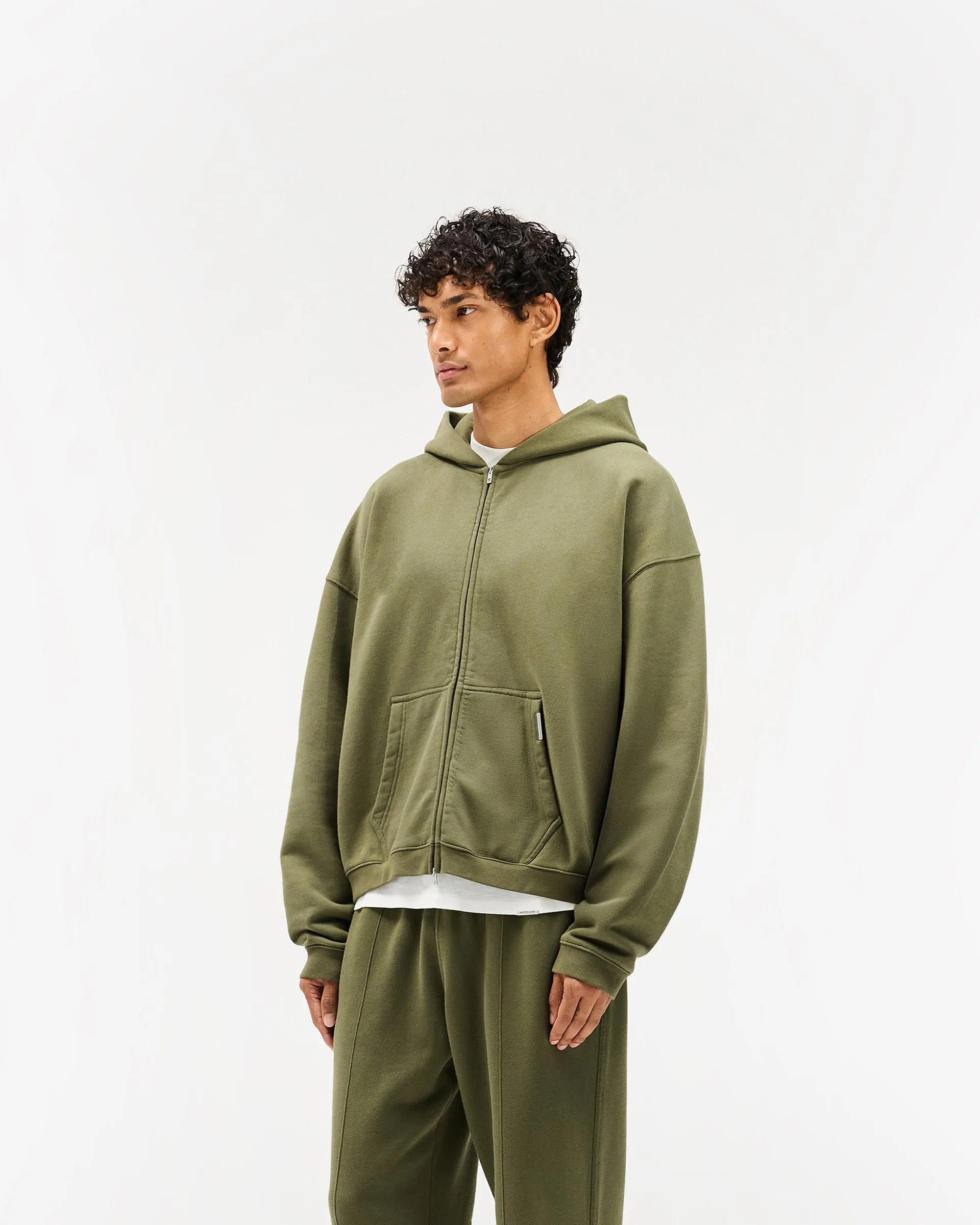 Initial Boxy Zip Through Hoodie - Army Green Layer Active