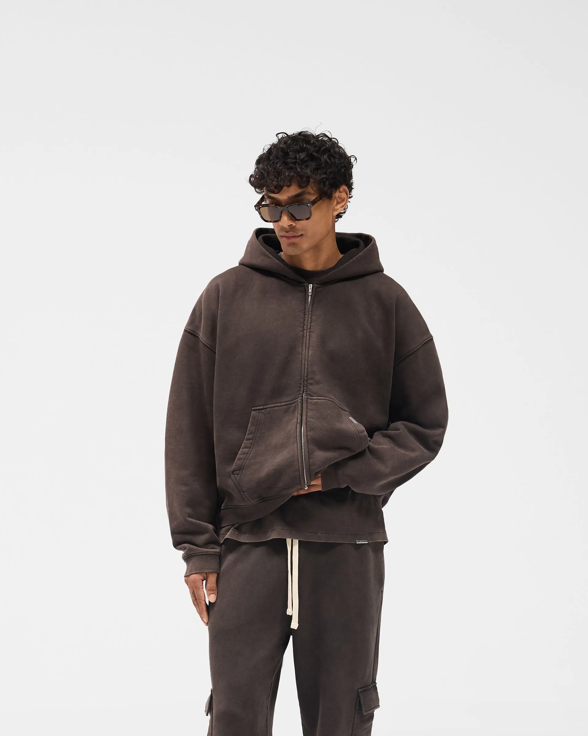 Core Relaxed Initial Boxy Zip Through Hoodie - Coffee