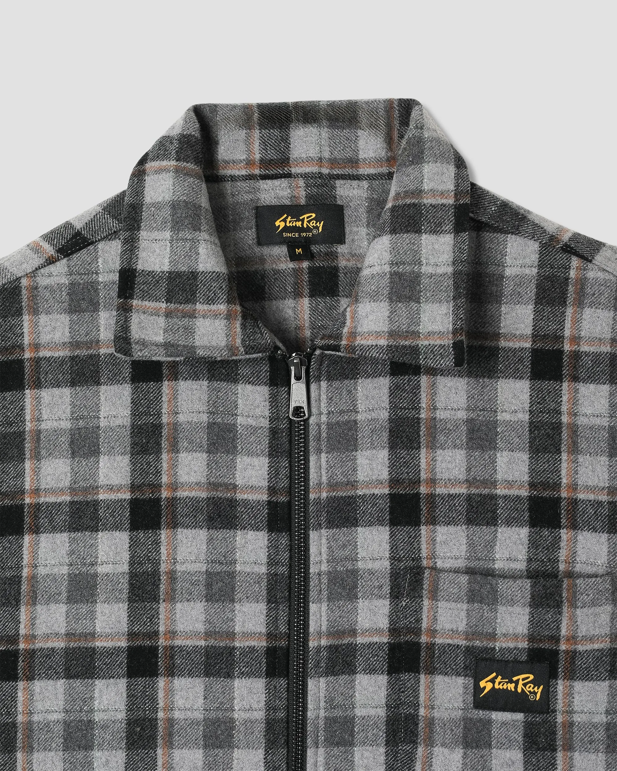 Oversized style Low Profile Collar Stan Ray Zip Shirt Charcoal Plaid