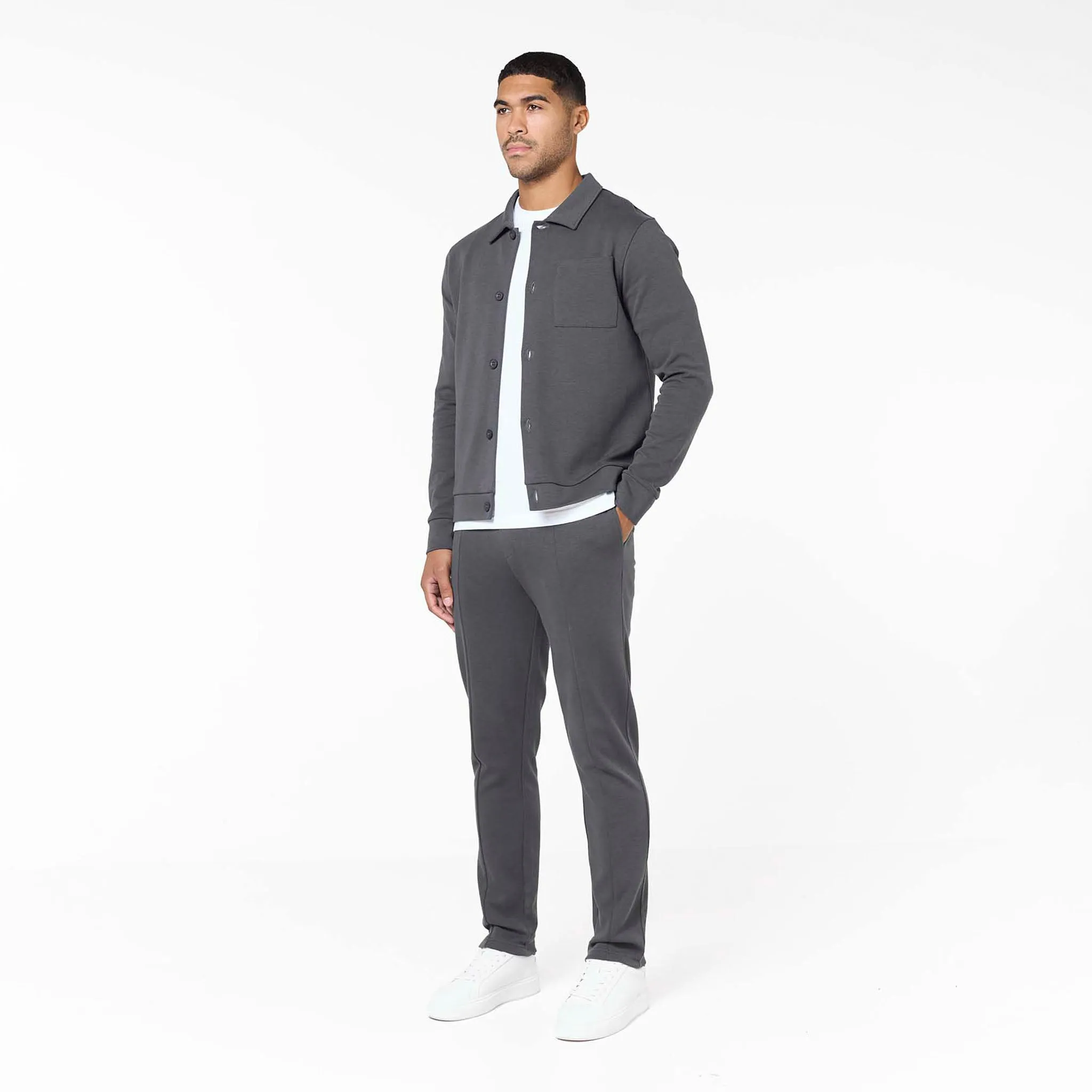 Fur Trim Interlock Button Up Jacket | Charcoal