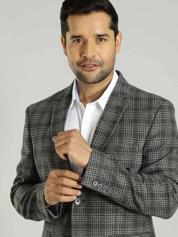 Men Checked Full Sleeve Casual Blazer Outer Chill Piece Convertible Collar Style