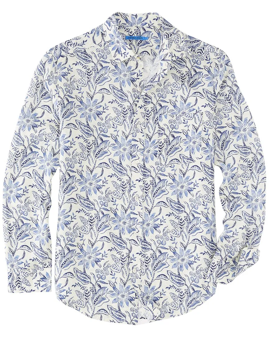 Quick Dry Technology birthday party J.McLaughlin Indigo Flora Gramercy Linen Woven Shirt