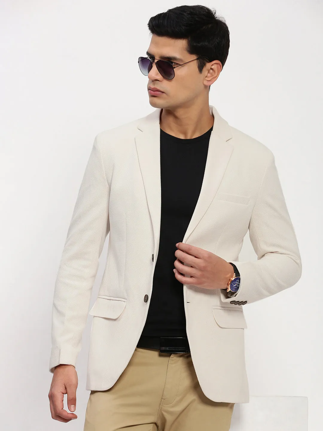 Low Profile Insulation Everyday Layer Style Men's Cream Solid Single Breasted Blazer