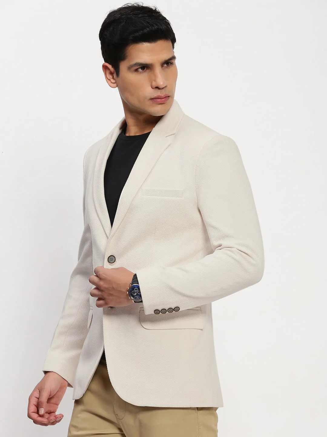 snag resistant Men's Cream Solid Single Breasted Blazer