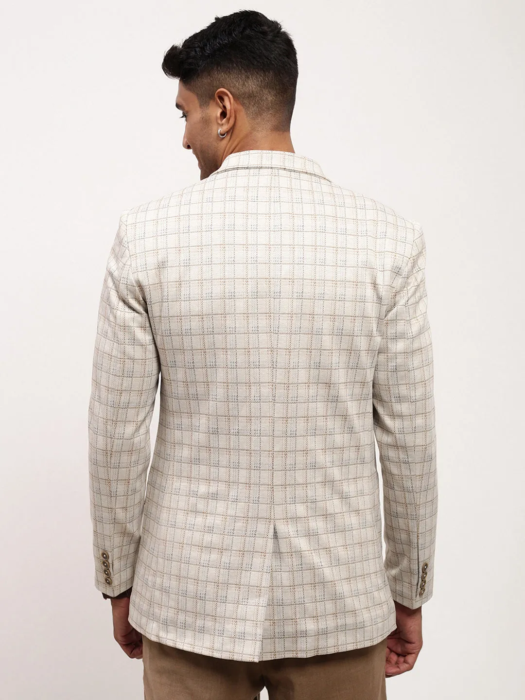 Men's Cream Checked Single Breasted Blazer MoistureWickingInterior Double Layered Fabric