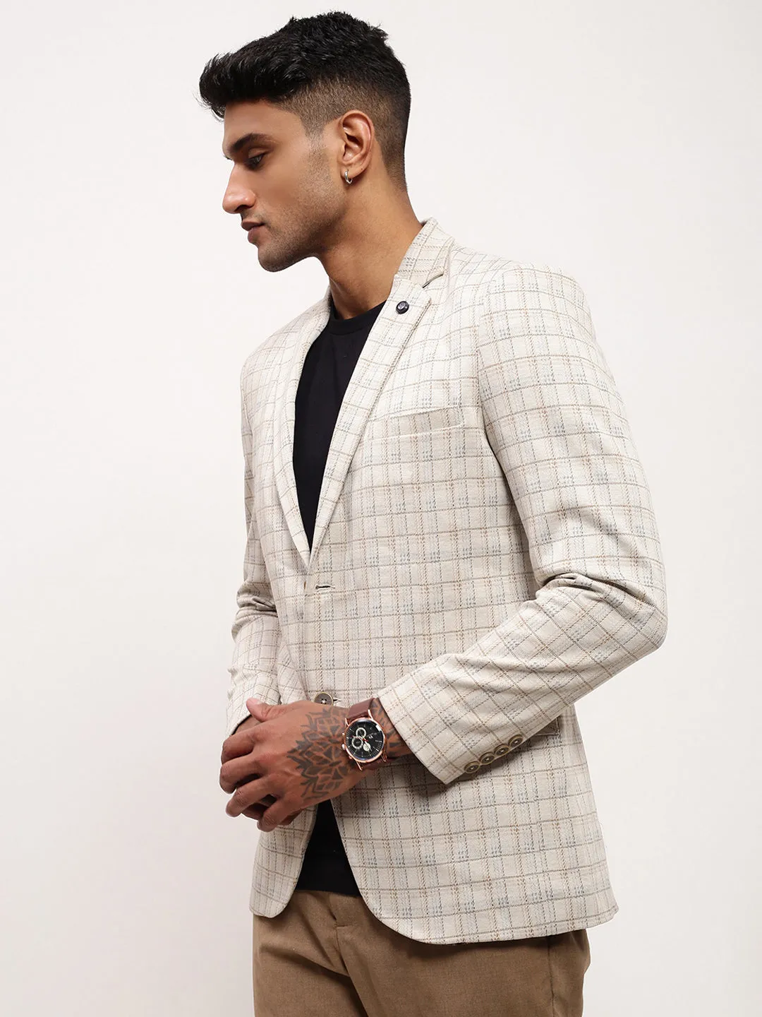 Men's Cream Checked Single Breasted Blazer Stretchable Fabric