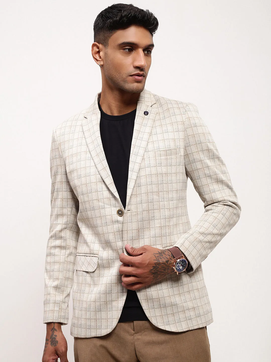 Men's Cream Checked Single Breasted Blazer Luxury Appeal Comfortable fit