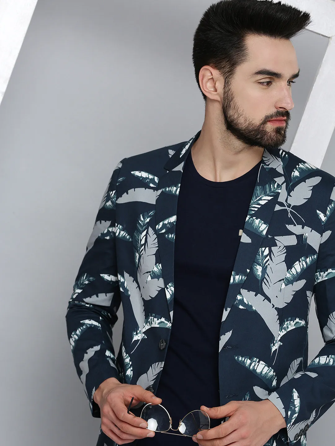 Cold Climate Reflective Trim Men's Navy Blue Printed Single Breasted Blazers