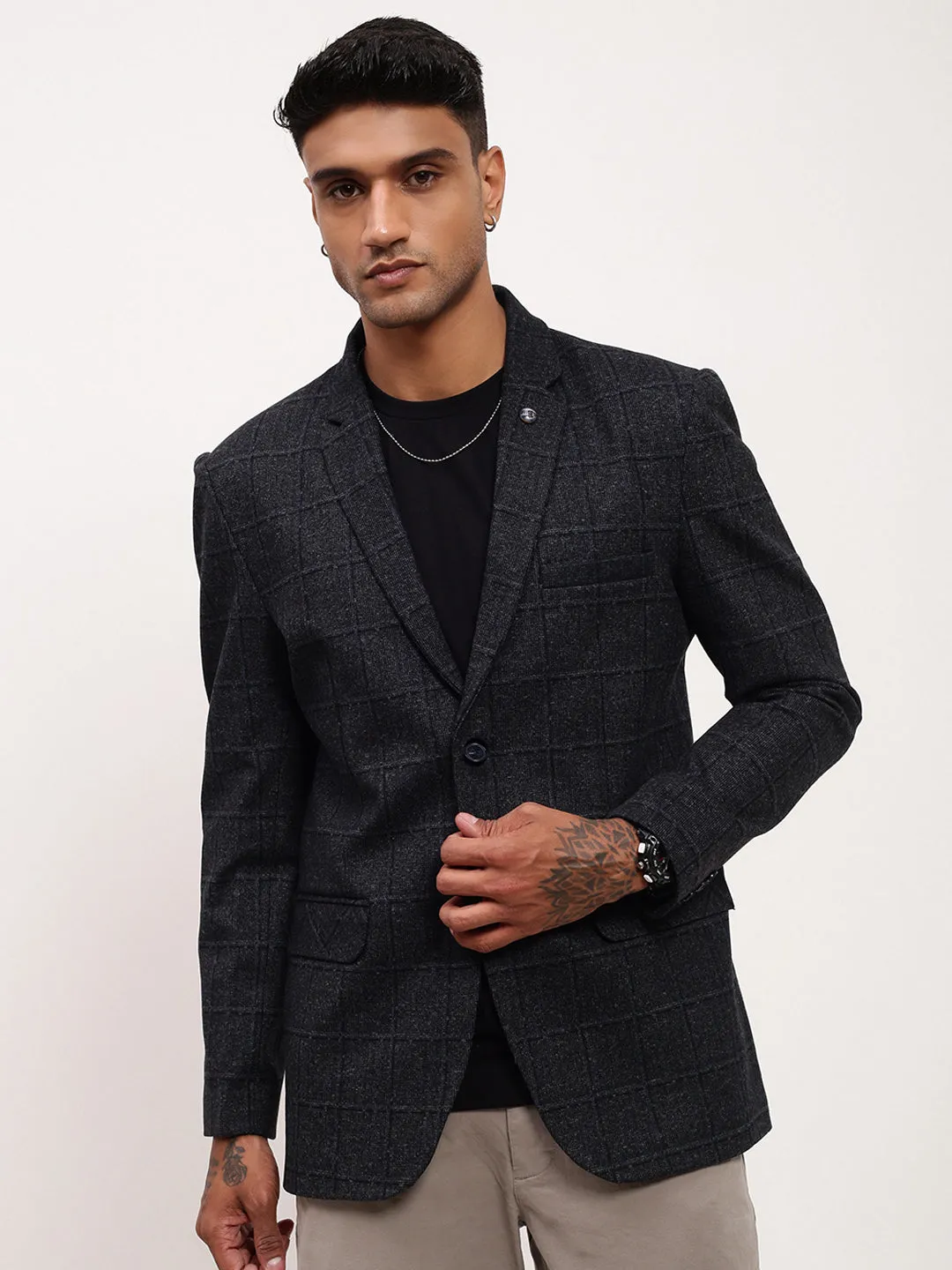 Thermal Lined Men's Black Checked Single Breasted Blazer