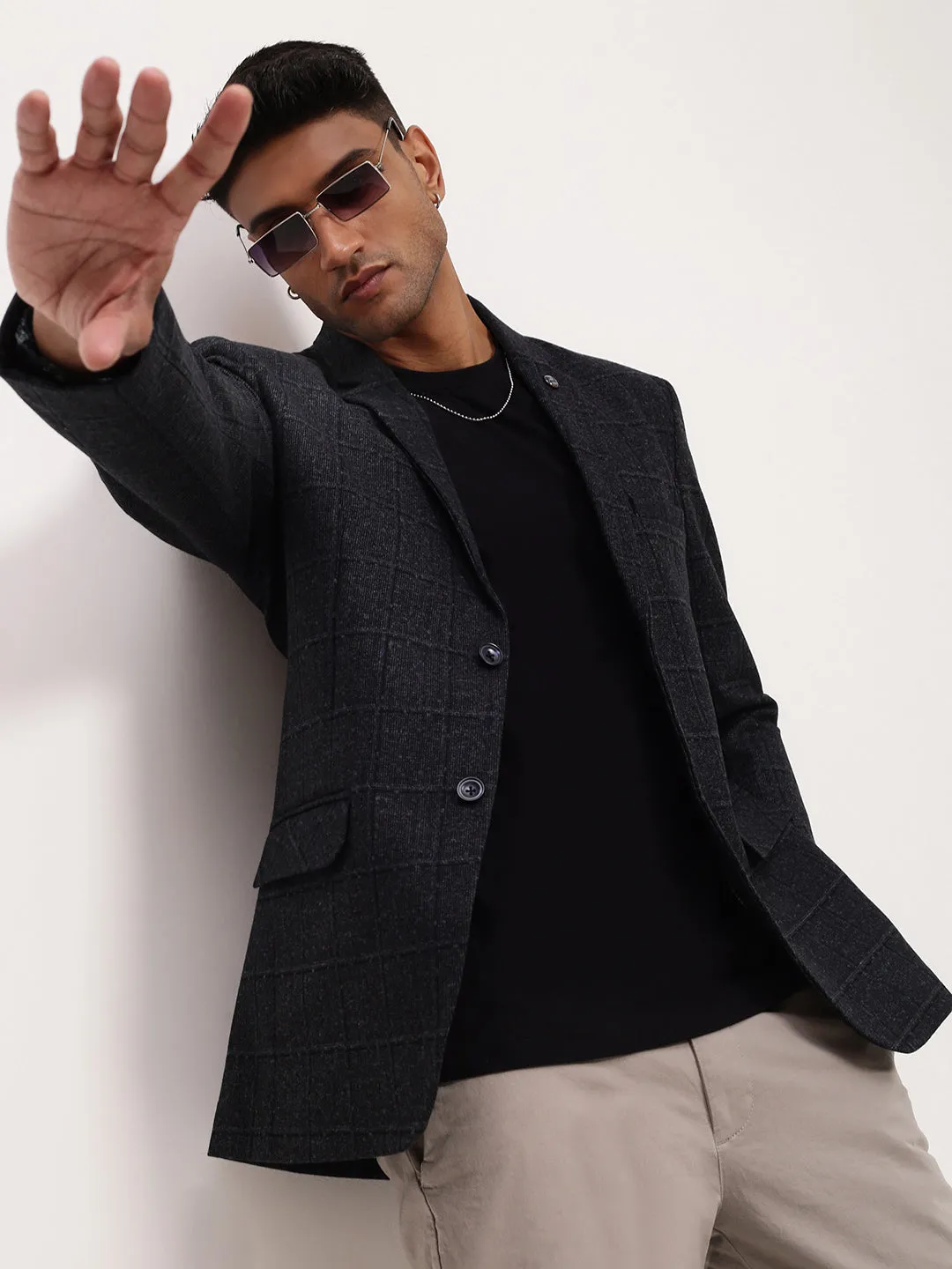 Light Pack Option Two Way Zipper Men's Black Checked Single Breasted Blazer