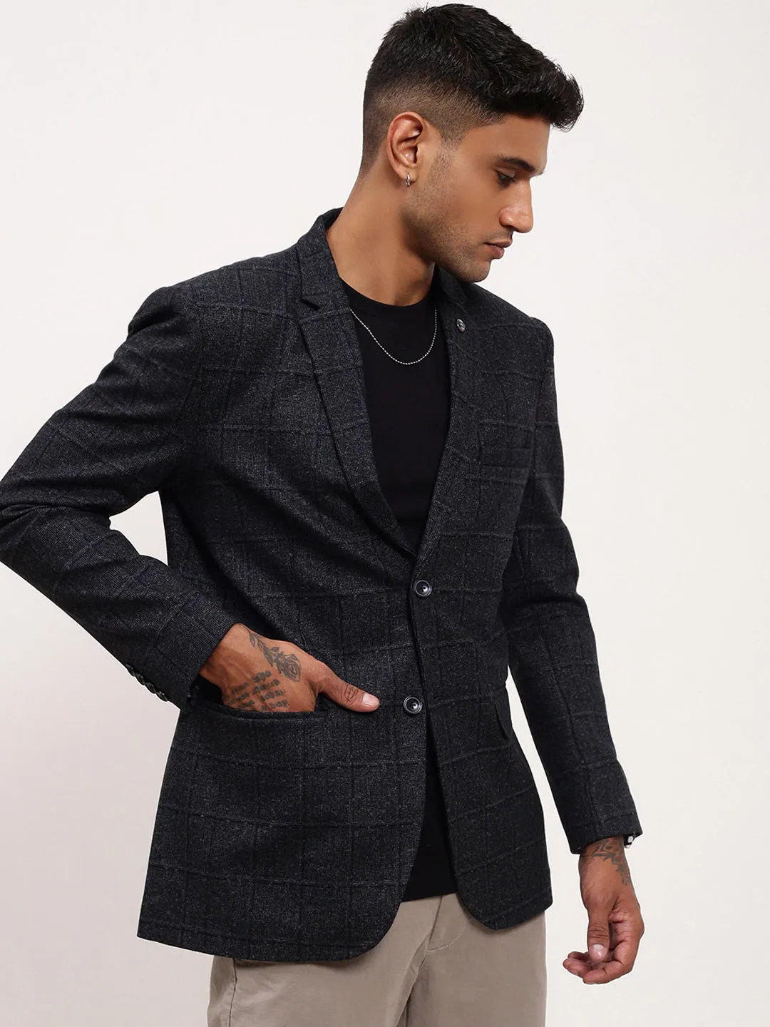 Men's Black Checked Single Breasted Blazer Simple Comfort Magnetic Closure Options