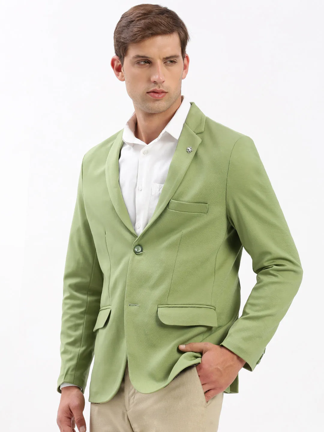 Compression Fit Design Holiday Trip Men's Green Slim-Fit Notched Lapel Collar Single-Breasted Blazer