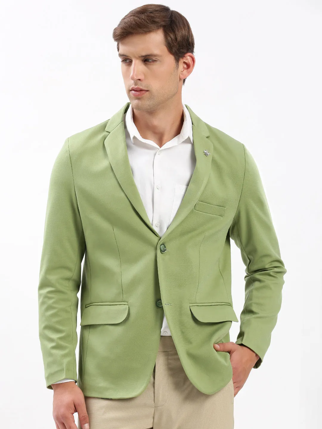 Men's Green Slim-Fit Notched Lapel Collar Single-Breasted Blazer Multi Pocket Utility Tailored Silhouette