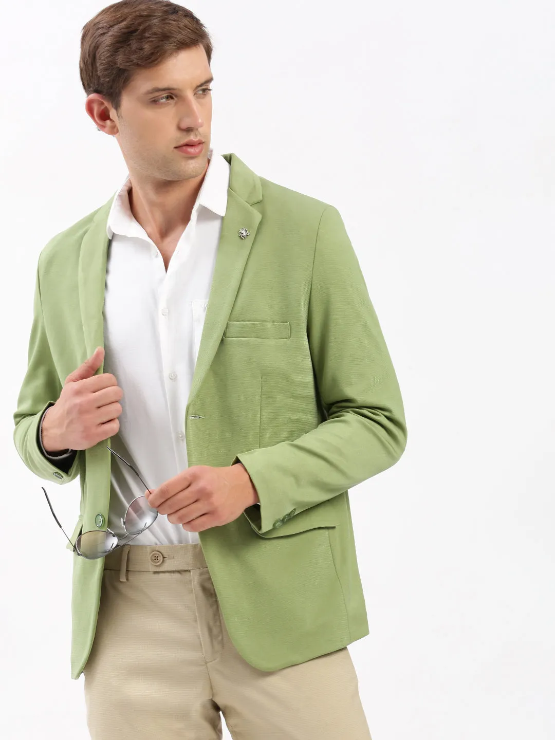 Breathable Membrane Men's Green Slim-Fit Notched Lapel Collar Single-Breasted Blazer