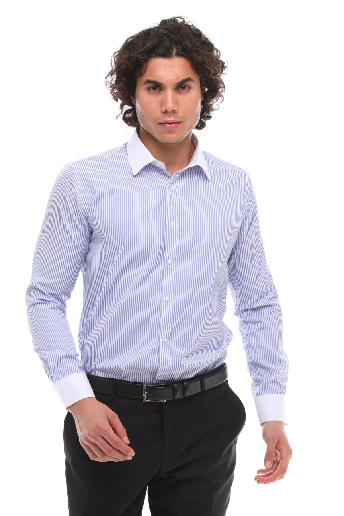 Evening Elegance wrinkle free Light Blue Button Down Stripe Dress Shirt With Classic Collar