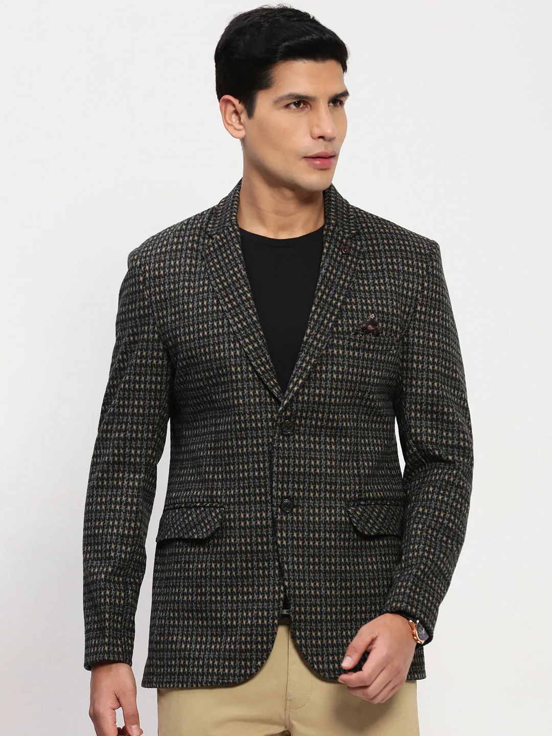 Reused Cloth Non Restrictive Movement Men's Black Checked Single Breasted Blazer