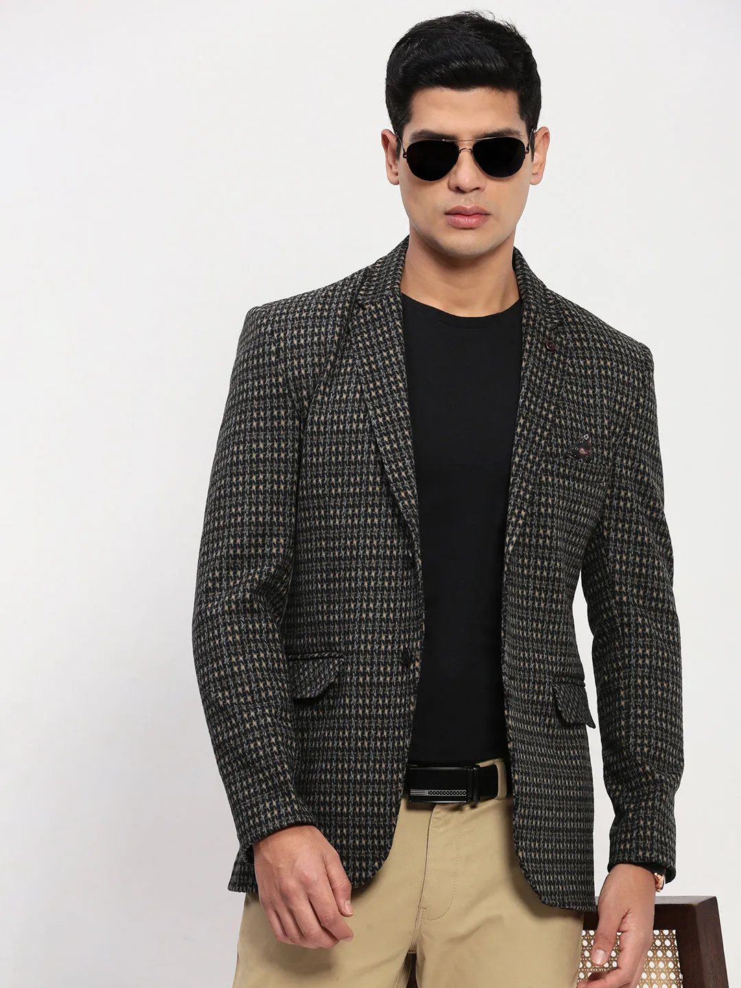 Men's Black Checked Single Breasted Blazer Abrasion Resistant Trim Thermal Core Technology