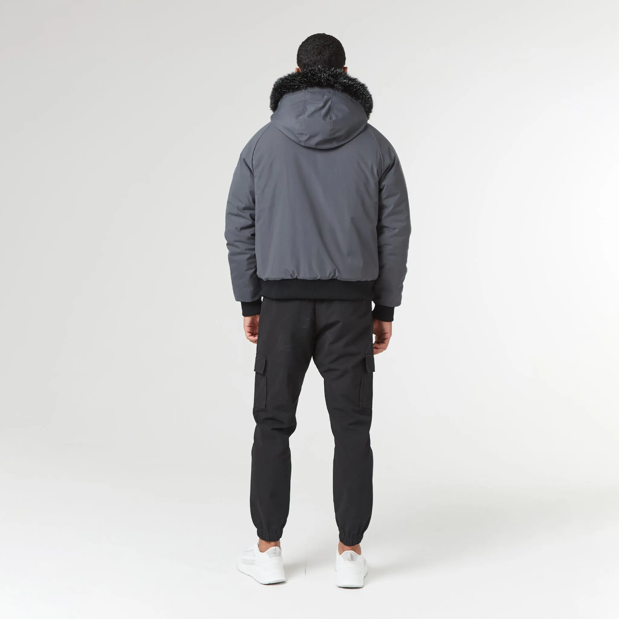 Fur Hooded Jacket | Charcoal Rubberized Trims color block