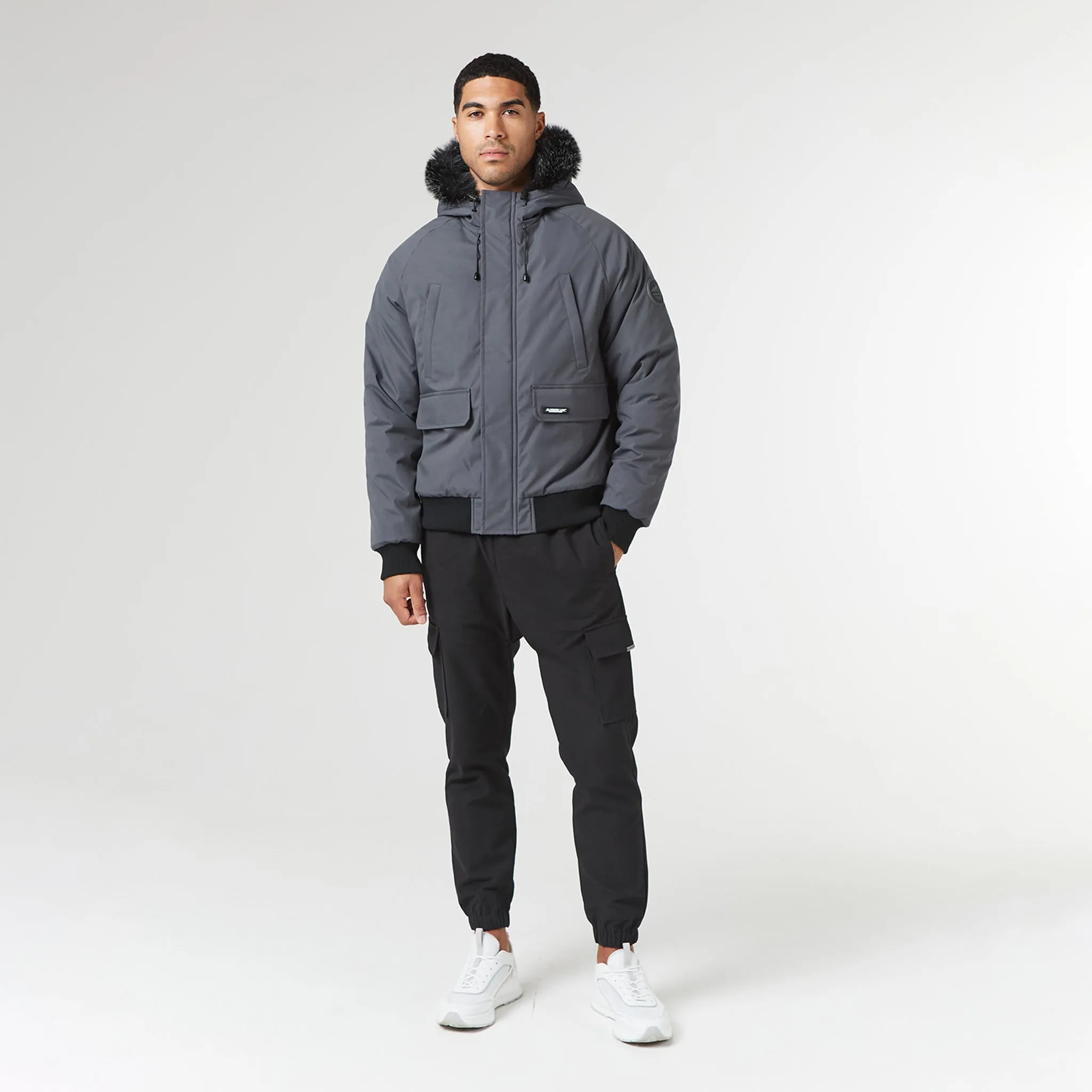 Flatlock Seam Construction Fur Hooded Jacket | Charcoal