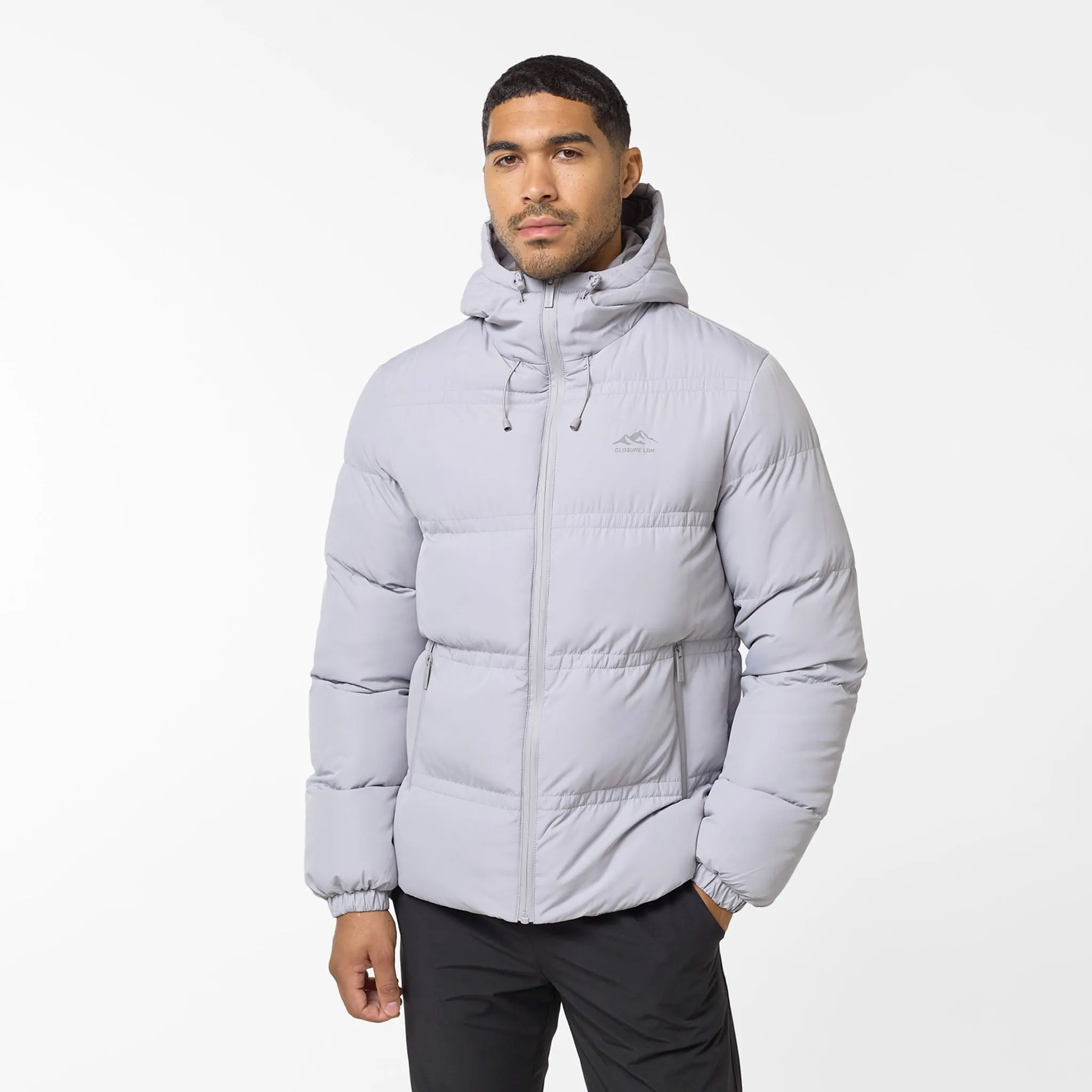 Durable Stitching Logo Racer Puffer Jacket | Ice Grey
