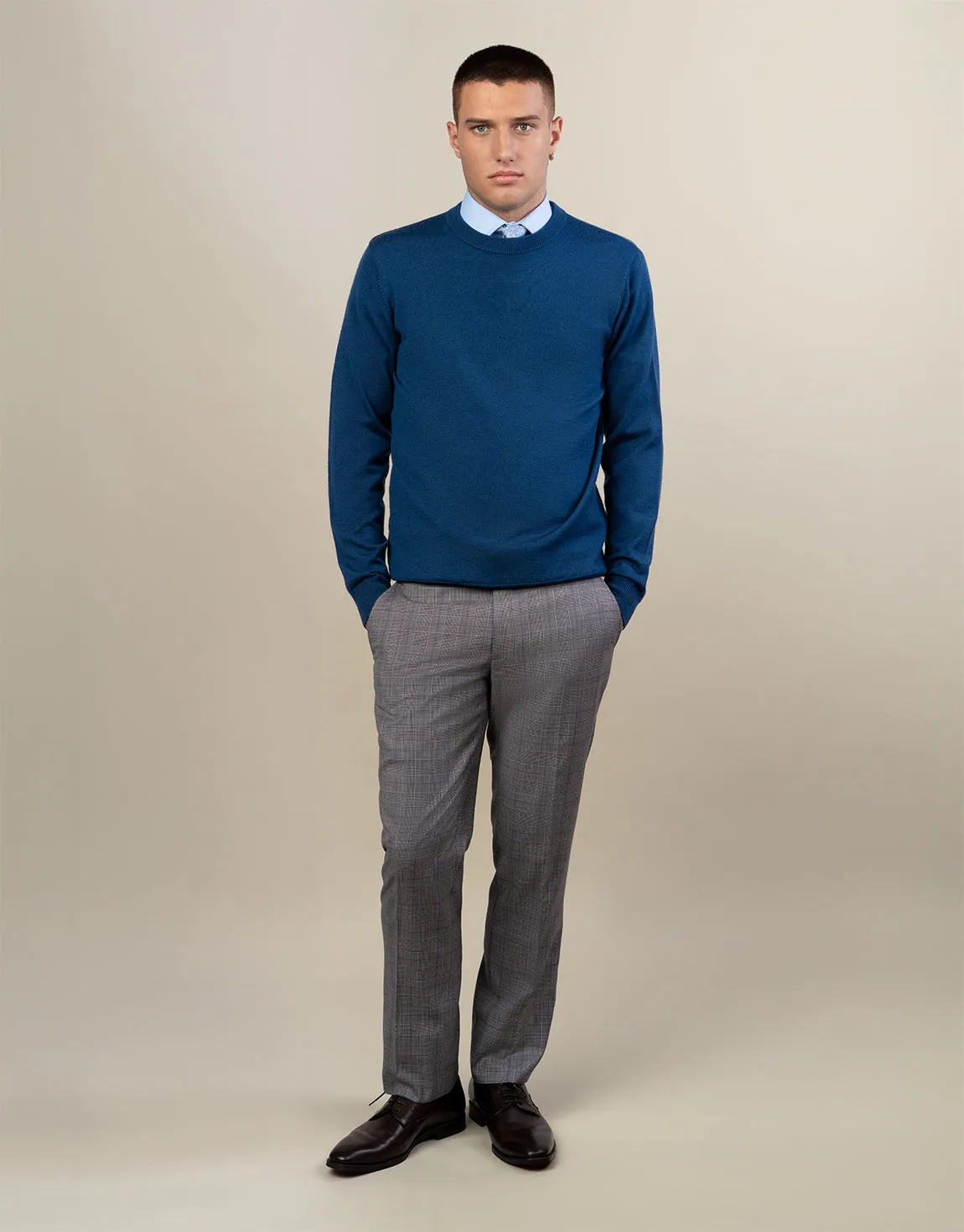 Lotus Grey & Blue Glen Check Trouser Lightweight Flex Shape Flex