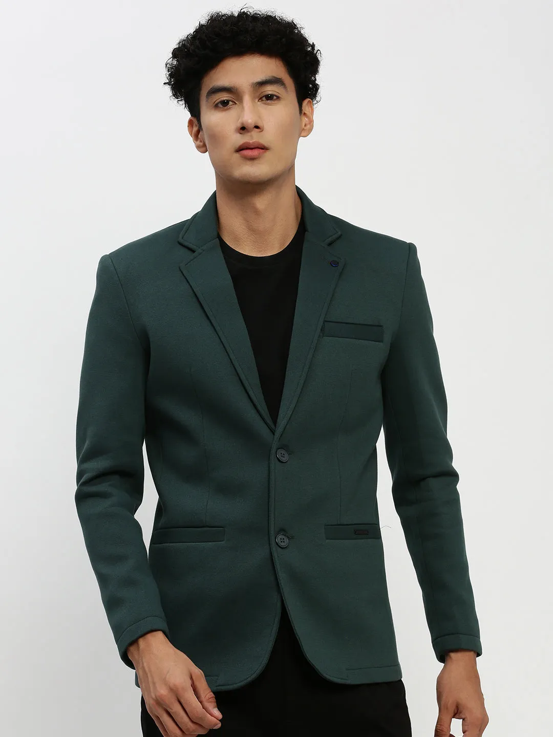 Soft Interior Brushing Eco Friendly Production Men's Dark Green Solid Single-Breasted Blazer