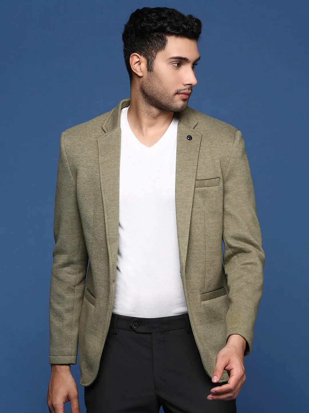 Reinforced Seam Construction Men's Green Notched Lapel Slim Fit Single Breasted Blazer