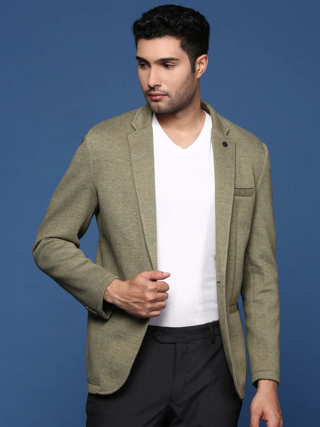 Men's Green Notched Lapel Slim Fit Single Breasted Blazer Flexible Waistband