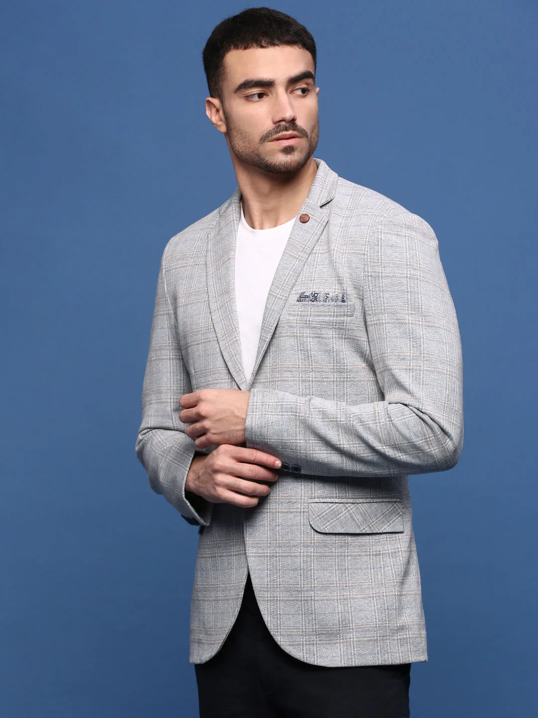 Men's Grey Slim Fit Single Breasted Notched Lapel Blazer Elasticated Waistband