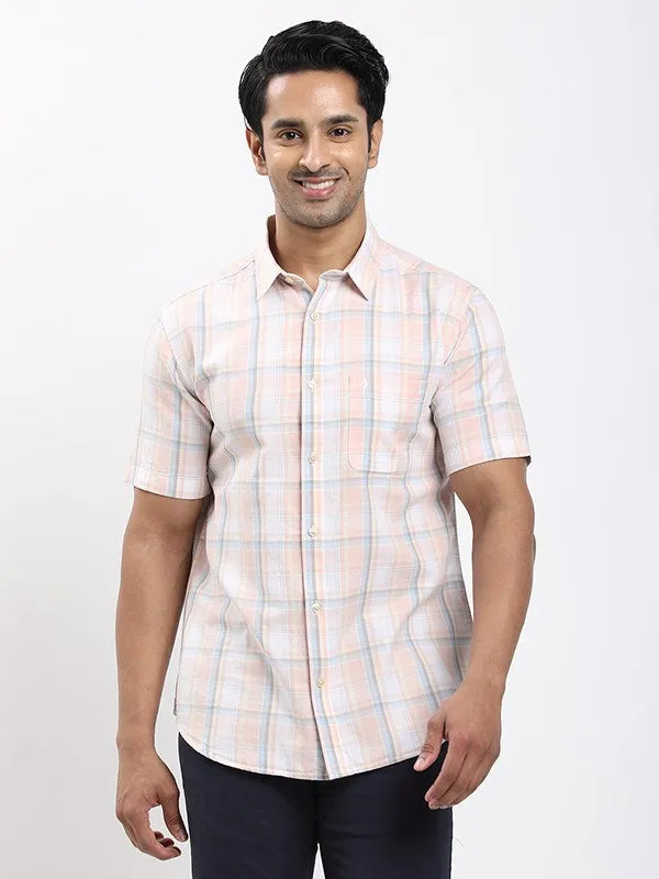 Wrinkle Resistant Material Men Checked Half Sleeve Cotton Shirt