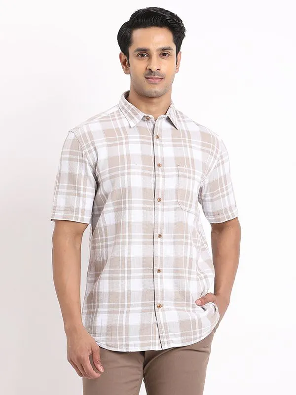 Men Checked Half Sleeve Cotton Shirt Shimmer Effect