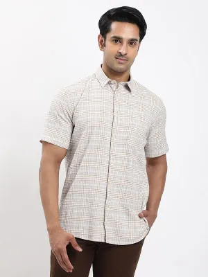 Men Checked Half Sleeve Cotton Stretch Shirt Seamless Side Panels