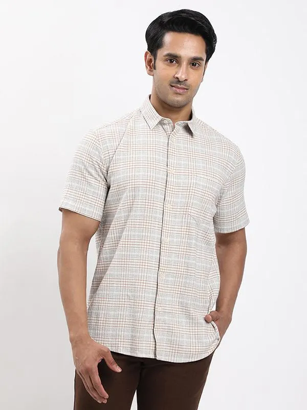 Men Checked Half Sleeve Cotton Stretch Shirt Seamless Side Panels