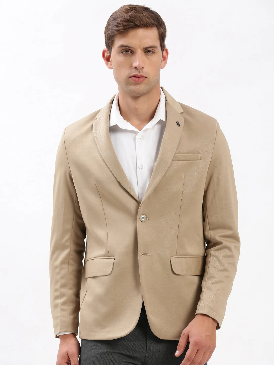 Men's Beige Notched Lapel Collar Slim-Fit Single Breasted Blazer HypoallergenicMaterial