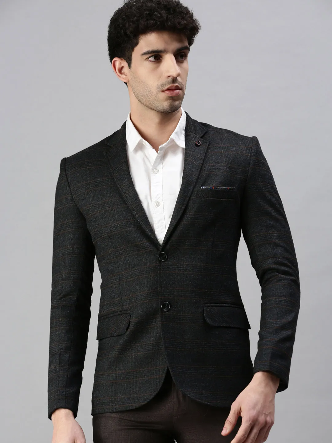 Men's Black Checked Single-Breasted Slim-Fit Casual Blazer Transitional Daily Fit High Collar Style