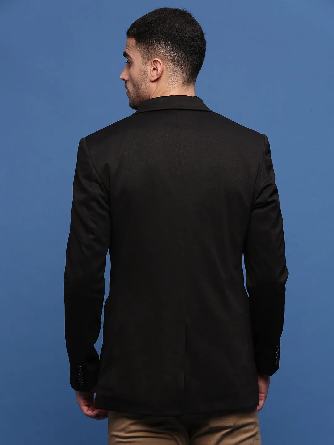 Men's Black Slim Fit Single Breasted Blazer Stand Collar Stretchable Panels