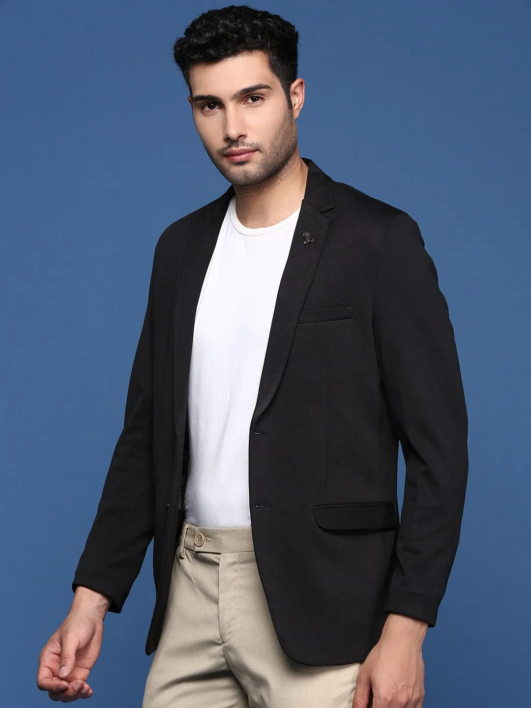 Functional Piece Zippered Closures Men's Black Slim Fit Single Breasted Blazer