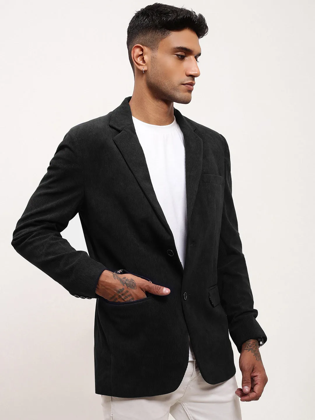 High Collar Design Men's Black Solid Single Breasted Blazer