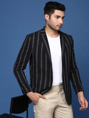 Men's Black Striped Single Breasted Slim Fit Blazer Thermal Insulation Layer