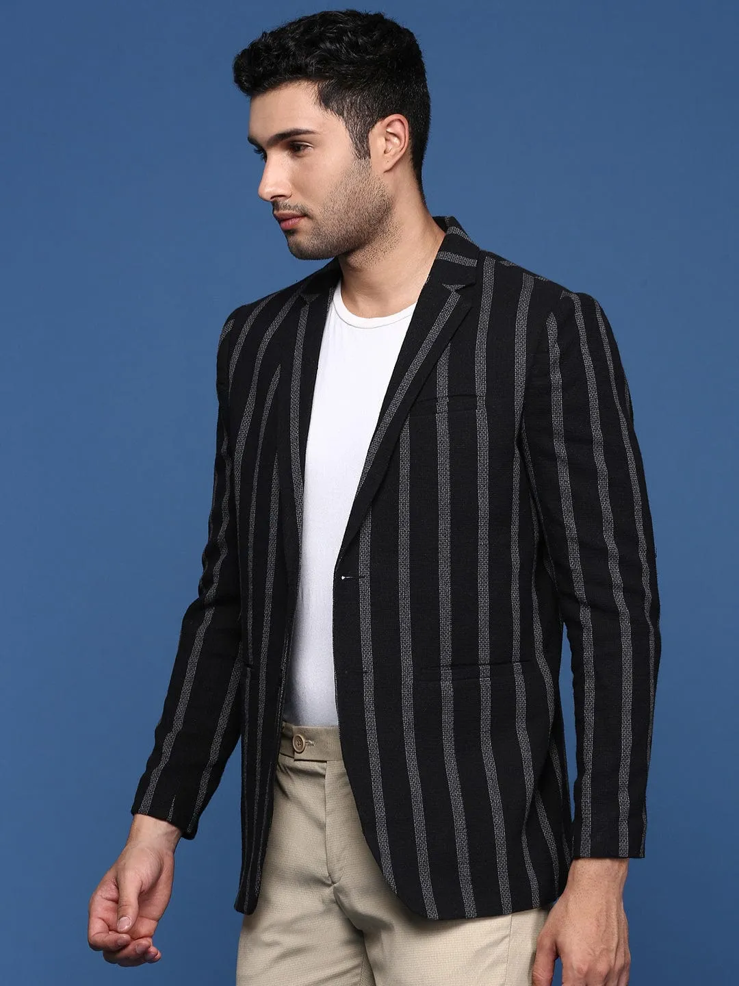 Anti Pilling Men's Black Striped Single Breasted Slim Fit Blazer