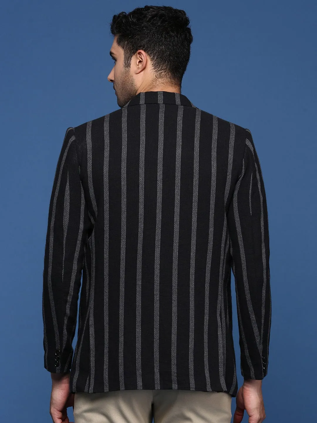 Men's Black Striped Single Breasted Slim Fit Blazer Odor Resistant Treatment StretchableMaterial
